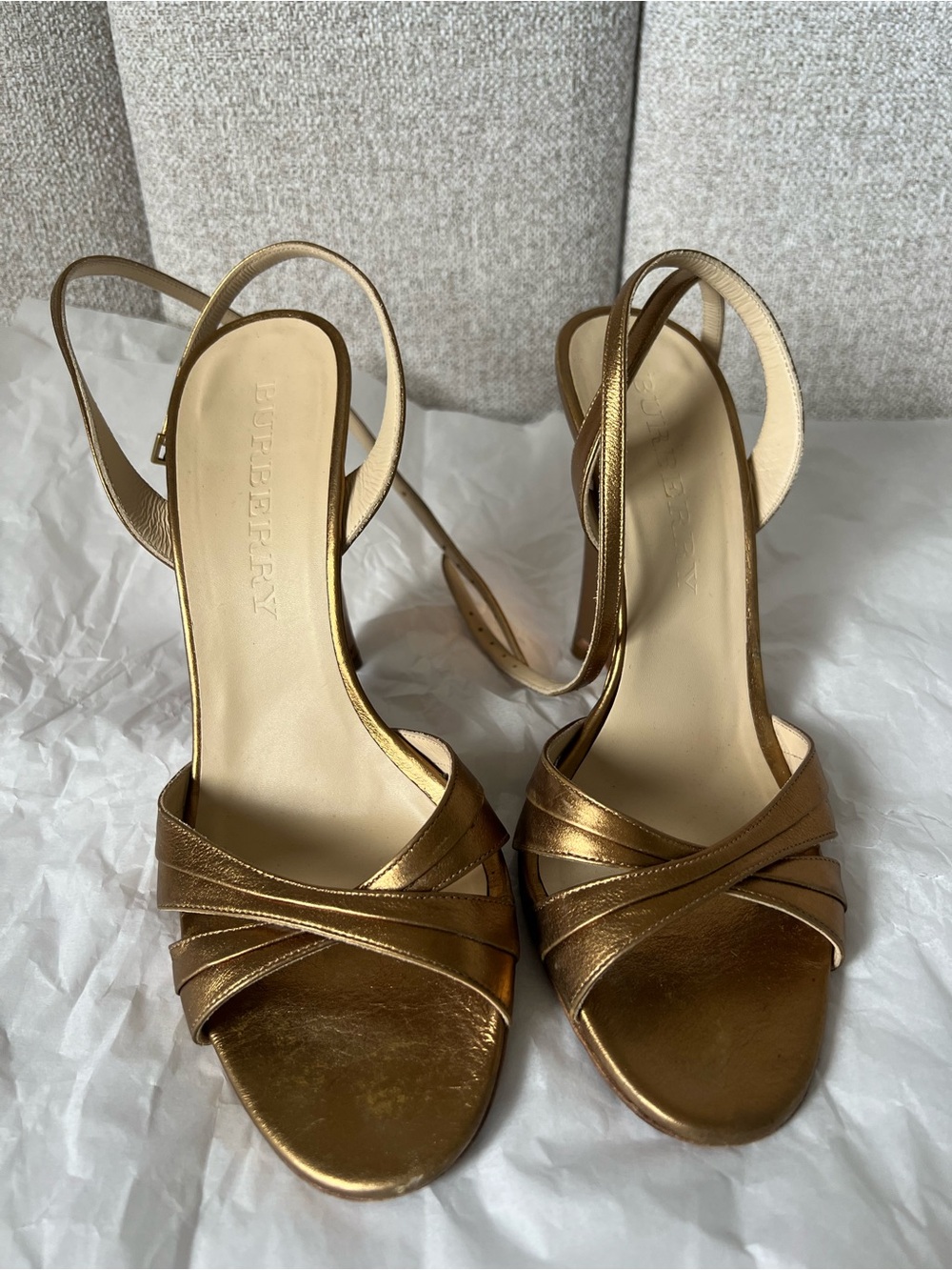 Burberry Metallic Gold Strappy Slingback Sandals
